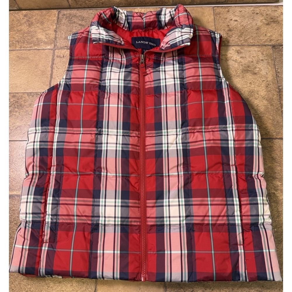 Lands' End Womens L Petite Down Puffer Vest Red Plaid Full Zip 14-16